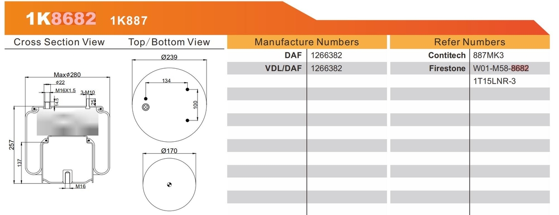 1266382 887MK3 Rubber Air Shock Absorber/Air Ride Suspension System Air Spring Steel Parts Steel Piston W01-M58-8682